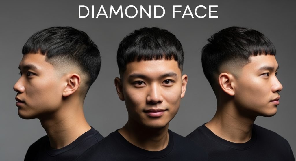A stylish young Asian man with a modern textured haircut combining a two block and low fade style, clean straight fringe, natural black hair, sharp facial structure, confident expression. Studio lighting, soft shadows, neutral background, ultra-realistic, 4K editorial barber photography style, high detail skin and hair texture.